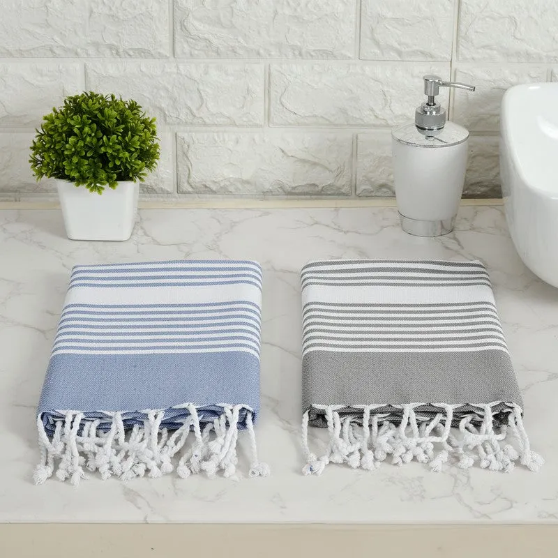 Loomera Striped Cotton Bath Towels (Grey & Dark Blue) - Set Of Two media 1