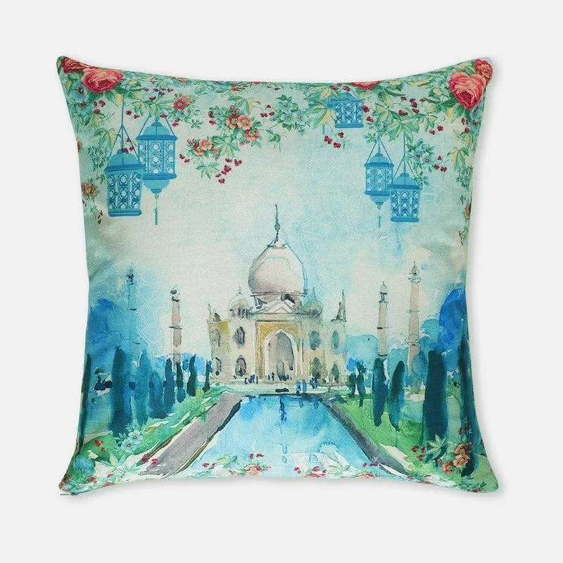 Square cushion cover with Taj Mahal artwork, floral border and blue lantern motifs