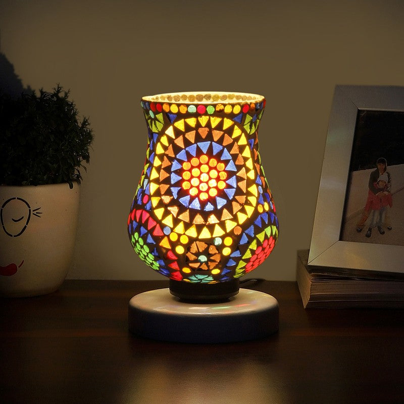 Auraeva Mosaic Glass Table Lamp With Wooden Base - Multicolor