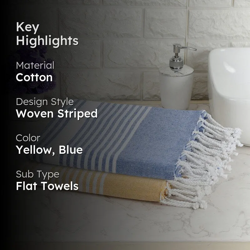Loomera Striped Cotton Bath Towels (Yellow & Dark Blue) - Set Of Two media 2