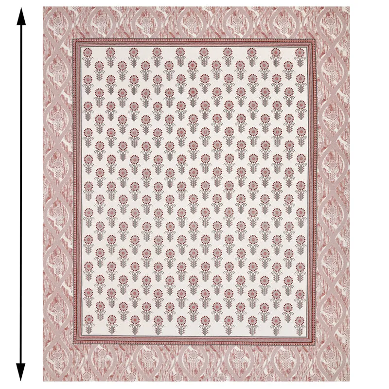 Top view of pink and white floral bedsheet with patterned border