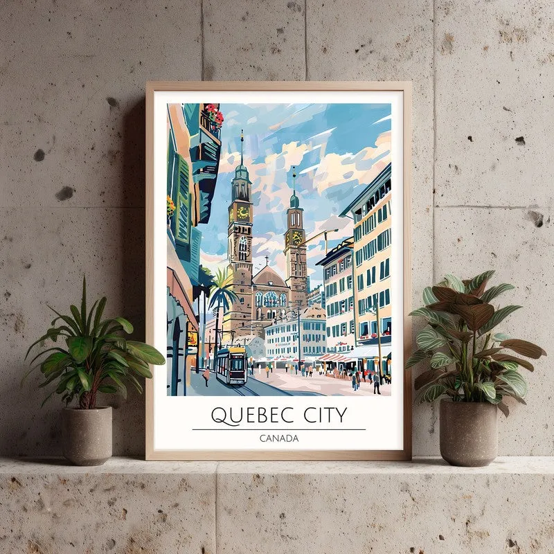 Vintage Quebec City Framed Canvas Archival Canvas Wall Painting - Natural Brown Frame media 3