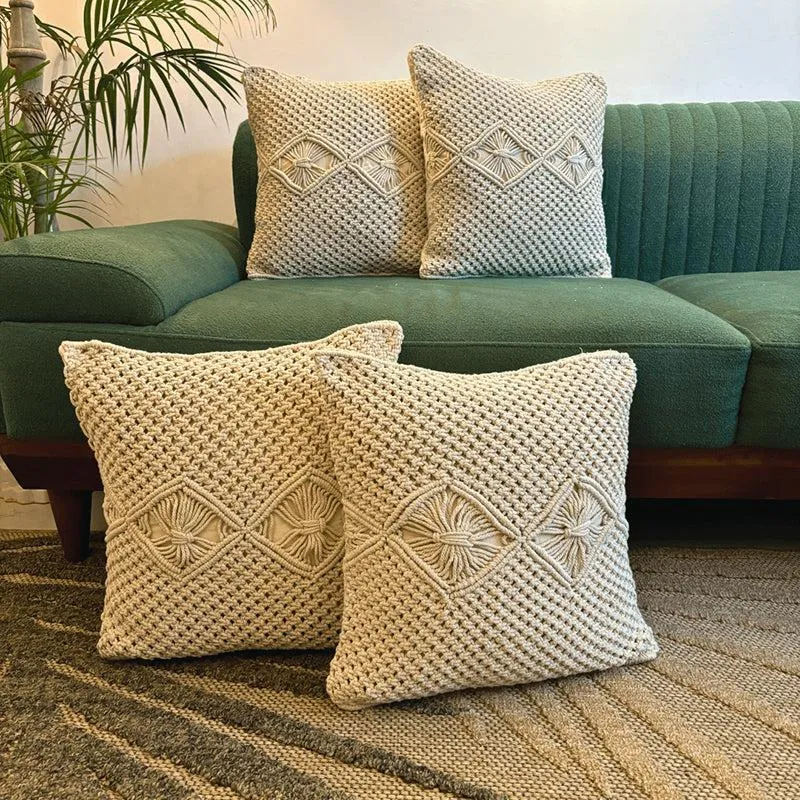 Nordic Knots Macrame Diamond Design Cotton Cushion Cover - Set Of Four media 1