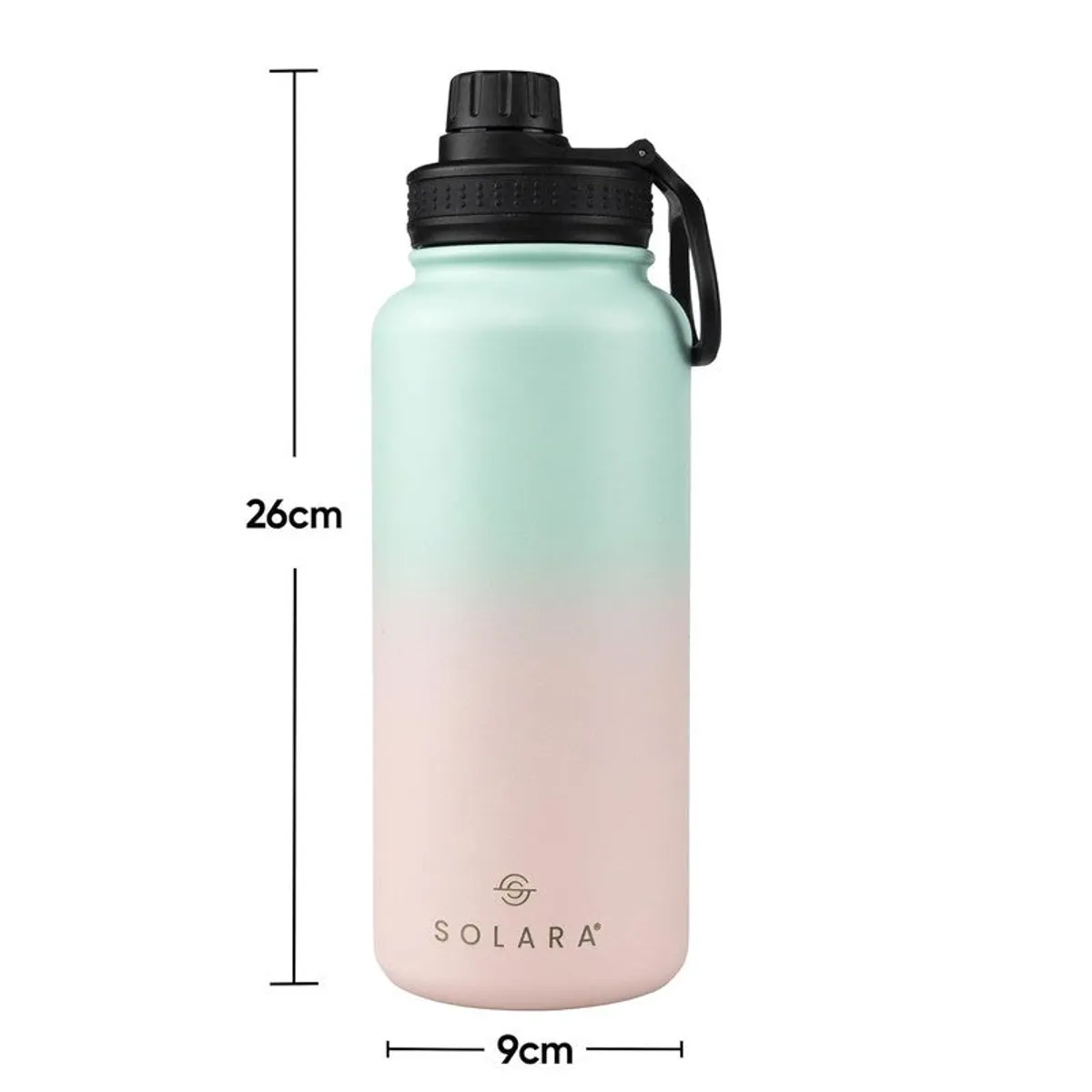 Front view of ombre insulated bottle with dimension markers