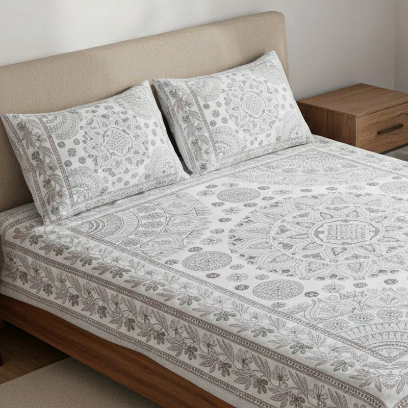 Kavya Mandala Ethnic Cotton Bedsheet (Grey,White) - 160 TC media 3