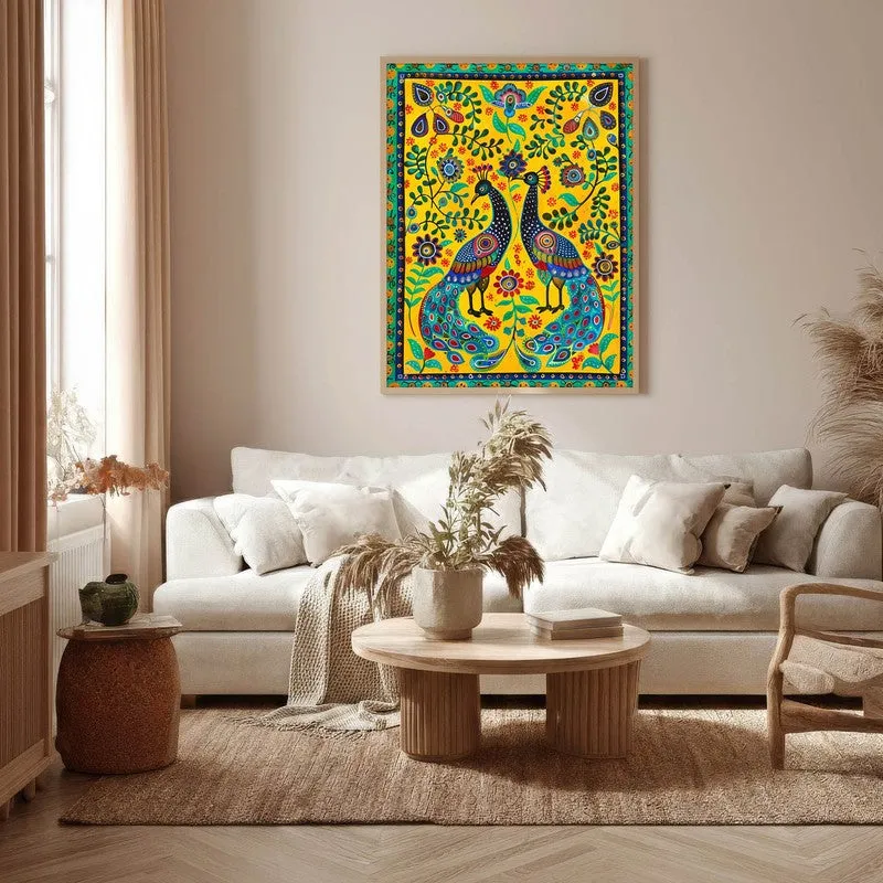 Colorful Peacock Folk Art Canvas Wall Painting With Brown Frame media 9