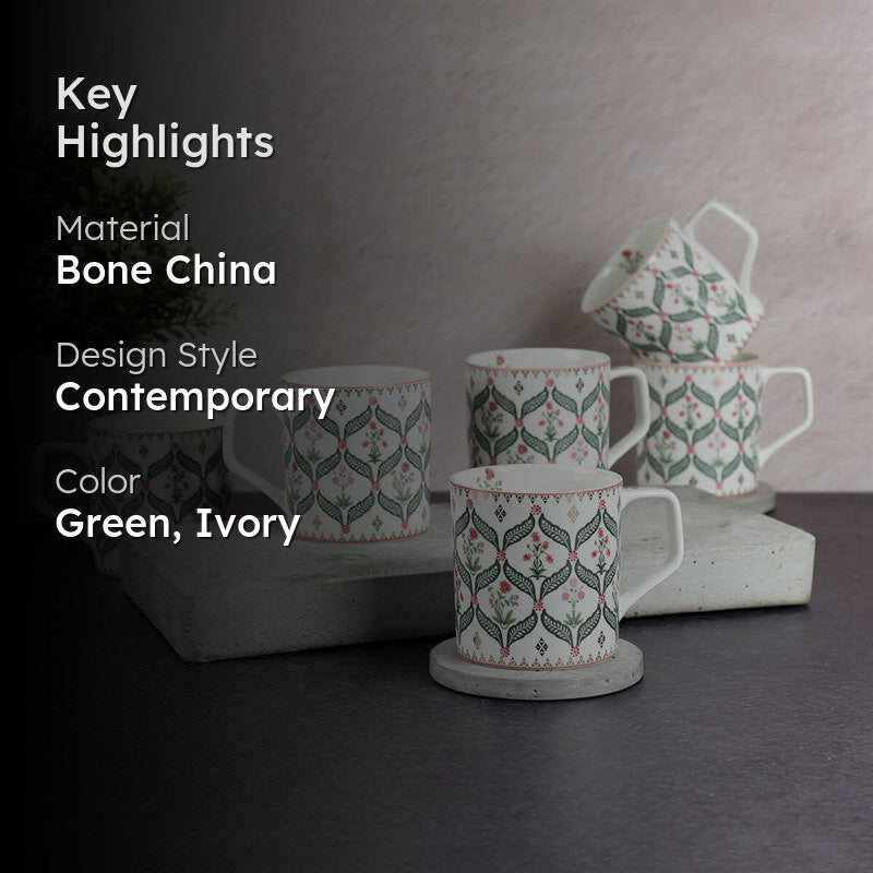 India Bone China Tea Cup (220 mL Each)/Green,Ivory)-  Set of Six media 2