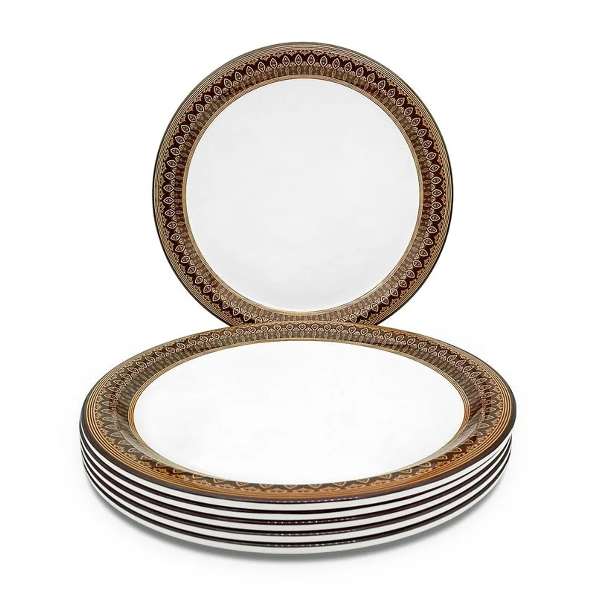 Stack of six round white quarter plates with ornate brown and gold patterned rims.