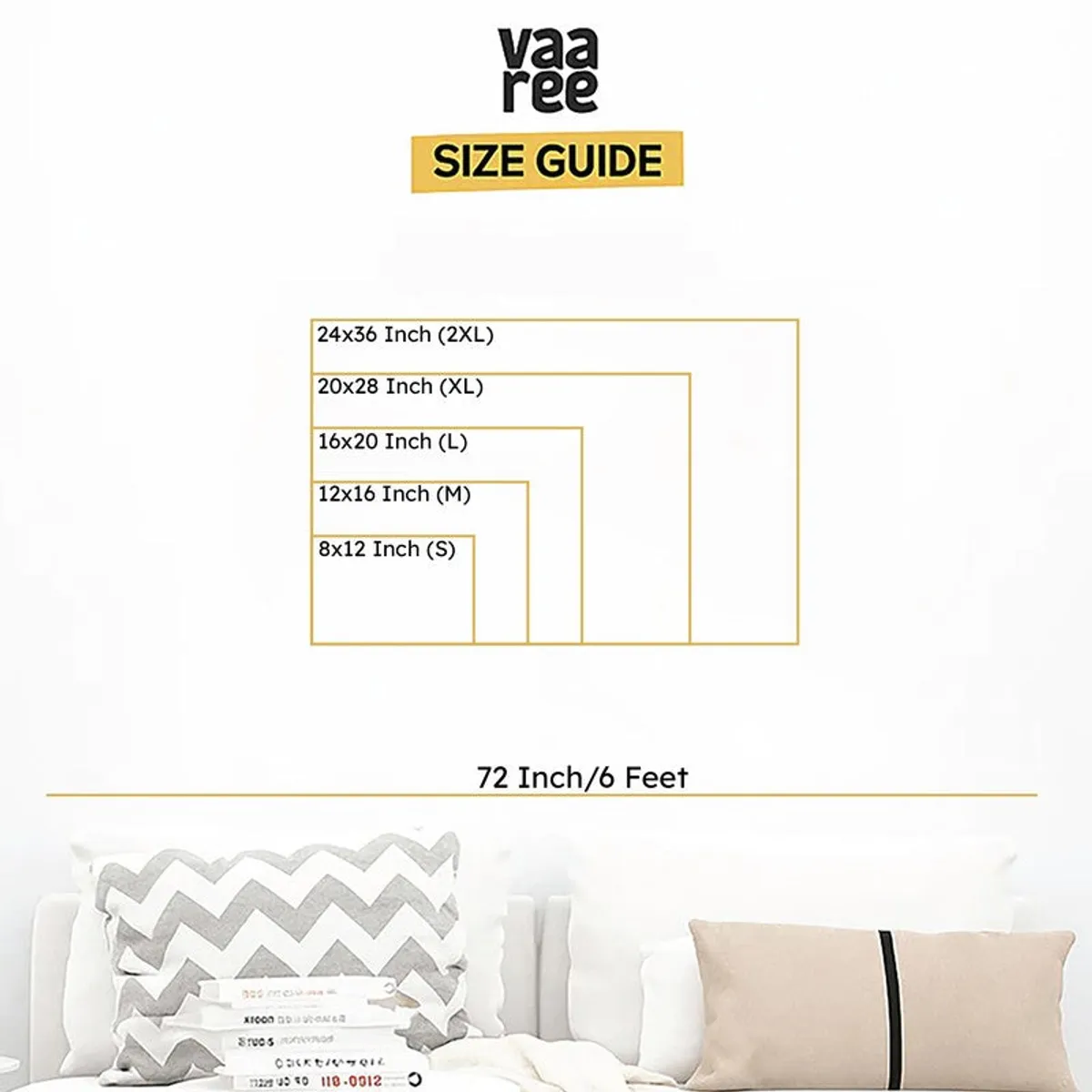 Graphic showing framed art size outlines above a white sofa.