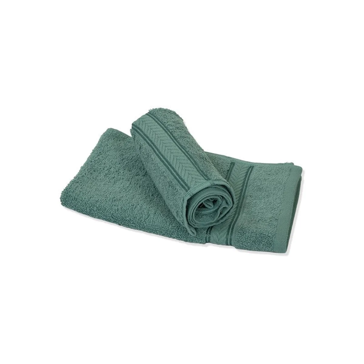 Green hand towels rolled and folded on a white background