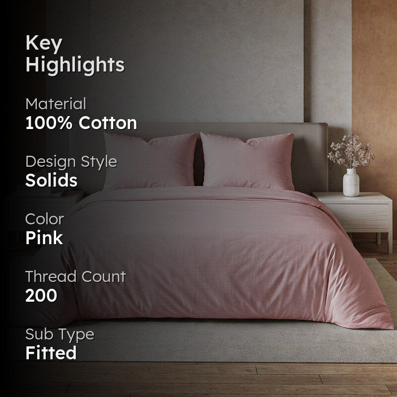 Maison Fitted Solid Cotton Bedsheet (Cameo Rose) - 200 TC media 2