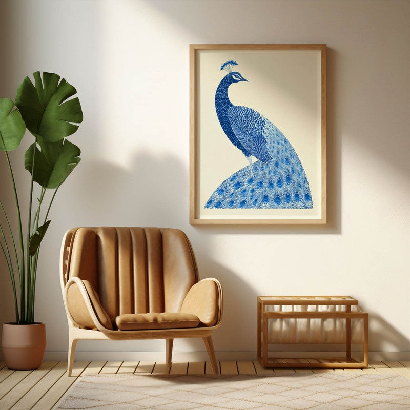 Royal Blue Peacock Canvas Wall Painting With Brown Frame