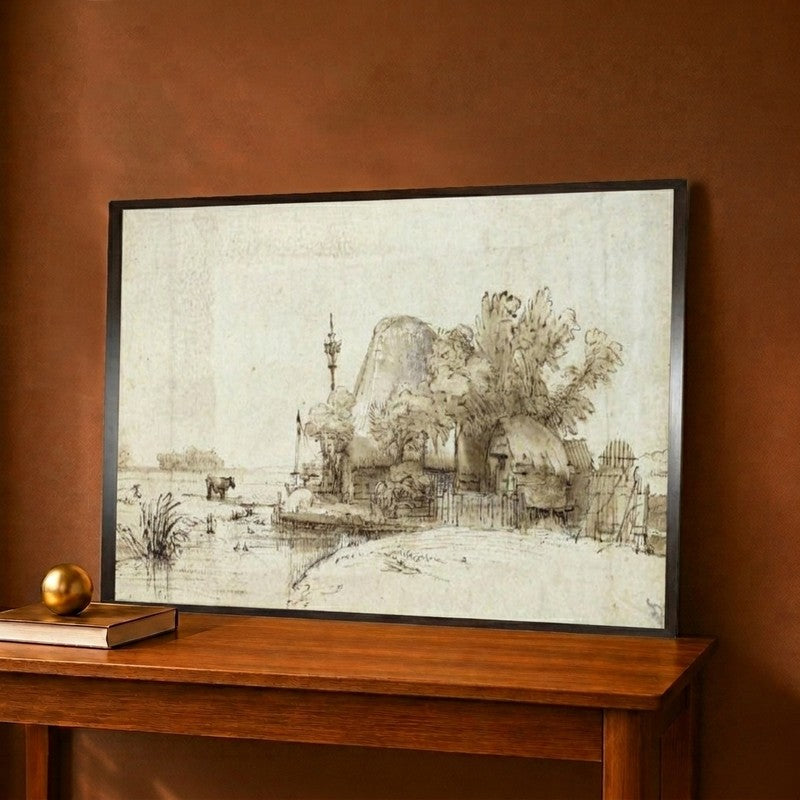 A Farmstead by a Stream Canvas Wall Painting - 18 x 12 Inches