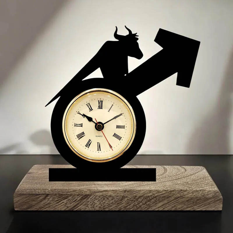 Time Of The Bull Iron & Mango Wood Table Clock media 1