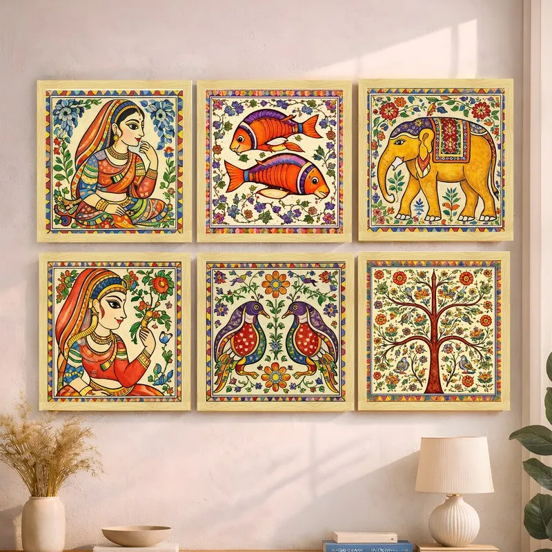 Madhubani Traditional Paper Wall Painting With Frame - Set Of Six media 4