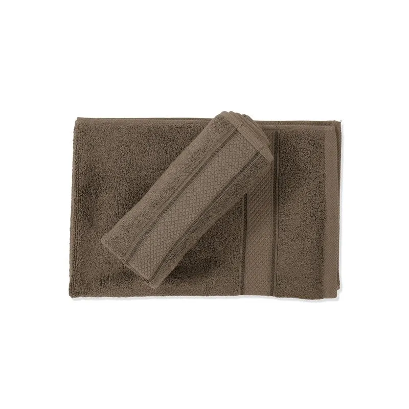 Two grey towels laid flat on a white background