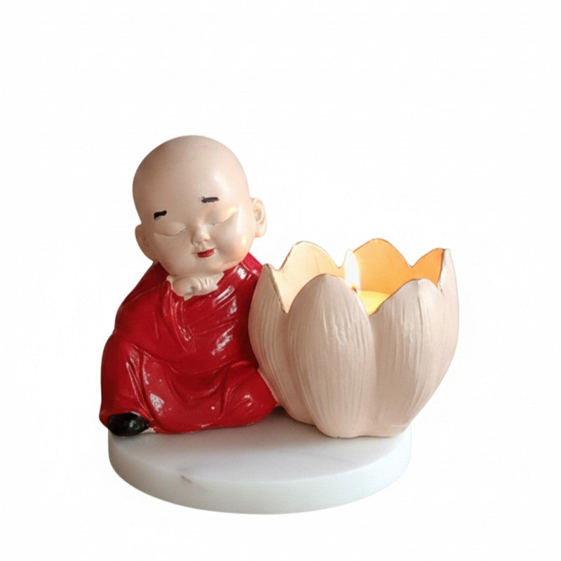 Buddha Monk Lotus Resin Tea Light Candle Holder - Red media 7