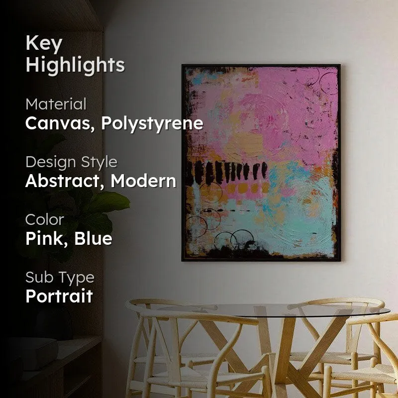 Framed abstract pink and blue painting shown in a dining corner with dark overlay