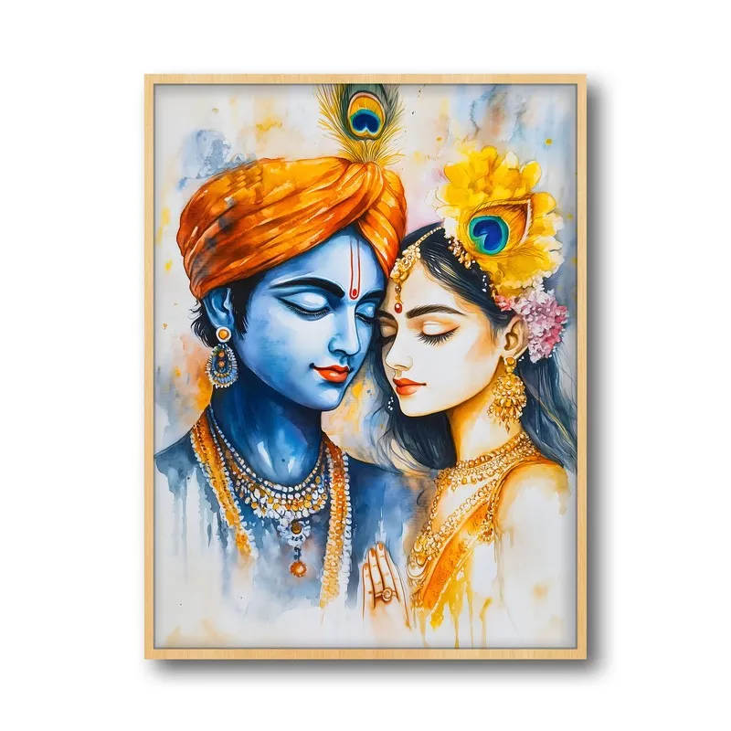 Vrindavana Radhe Krishna Spiritual Archival Paper Wall Painting - Natural Brown Frame media 5