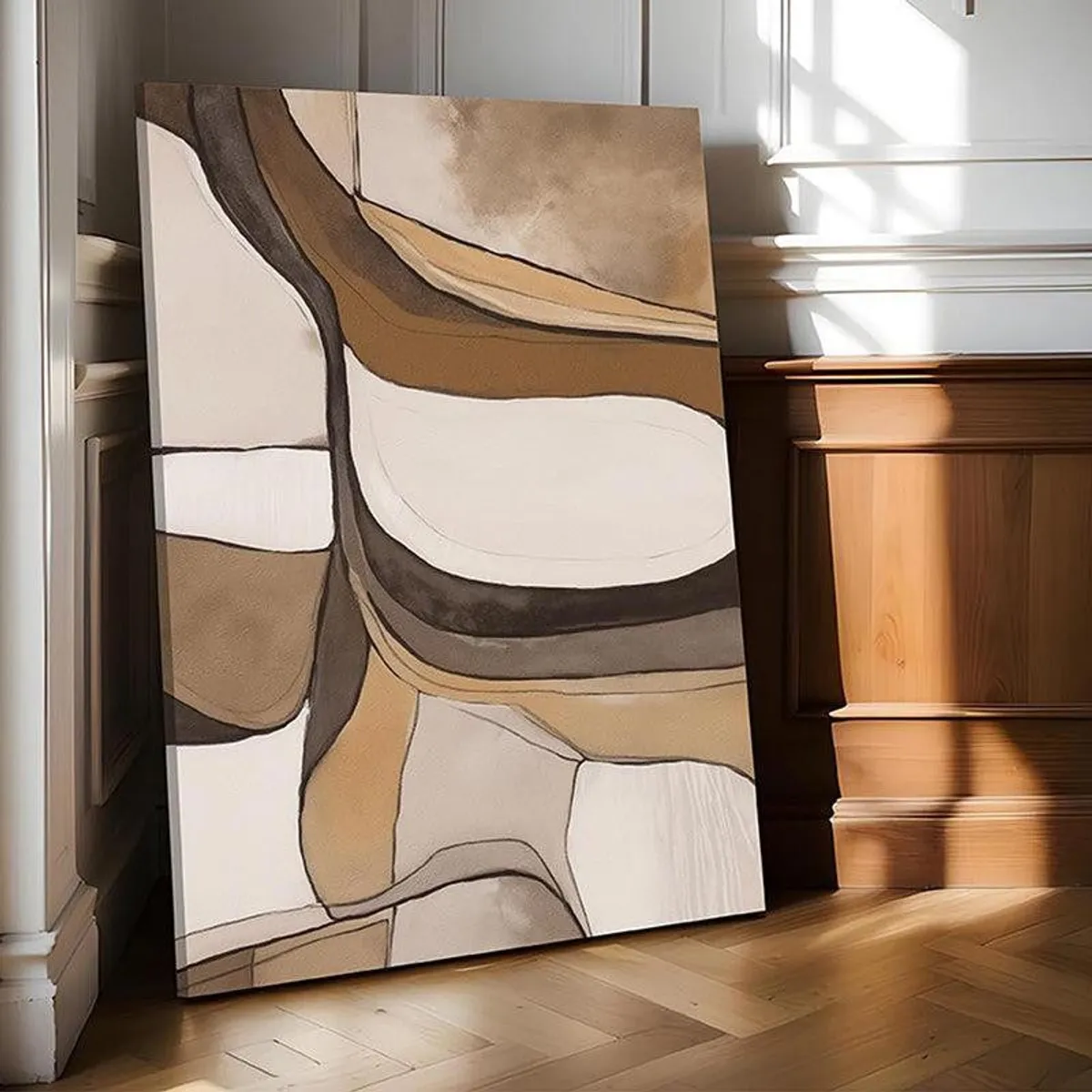 Abstract canvas wall art placed on a wooden floor beside panelled walls