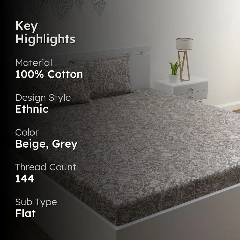 Paisley Nights Cotton Bedsheet (Beige, Grey) - 144 TC media 2