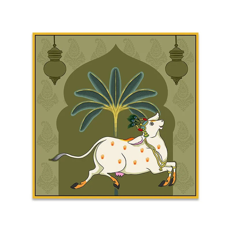 Cow In Banana Grove Canvas Wall Painting With Frame - Gold media 5