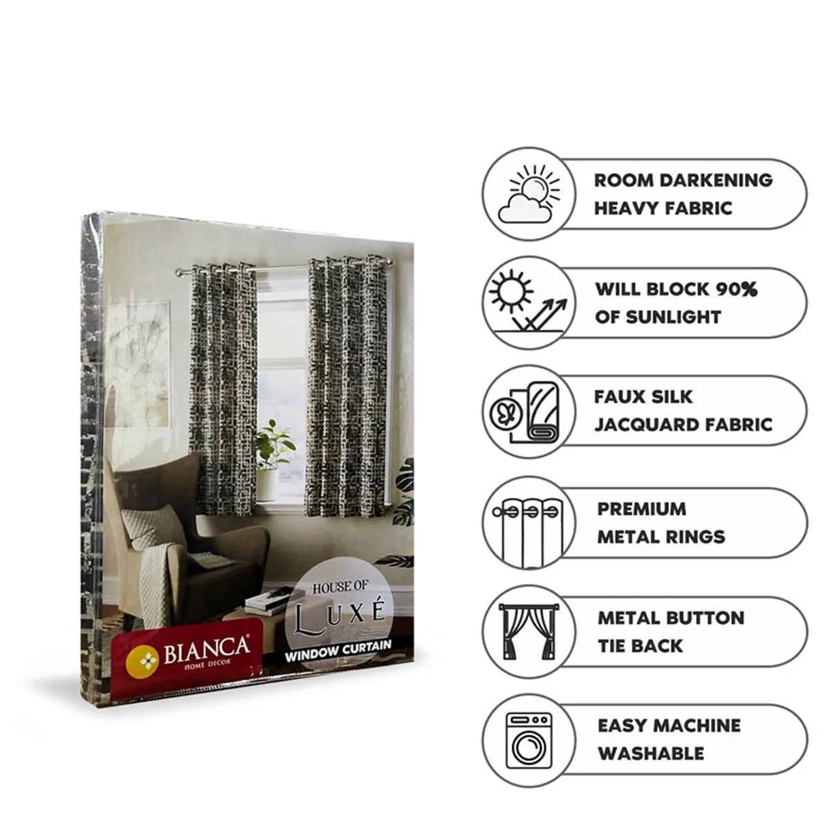 Curtain set displayed beside product feature icons and packaging