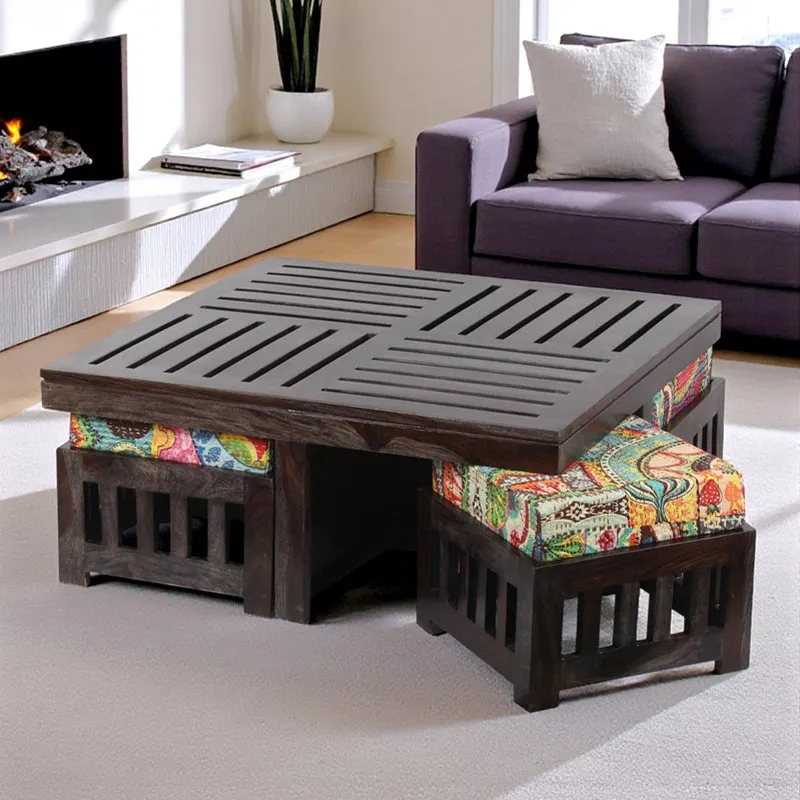 Hexiron Sheesham Wooden Center Table with Stools and Cushions (Brown) - Nine Piece Set media 3