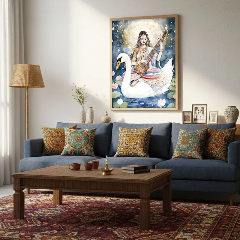 Vidya Swarupini Spiritual Archival Paper Wall Painting - Natural Brown Frame media 4