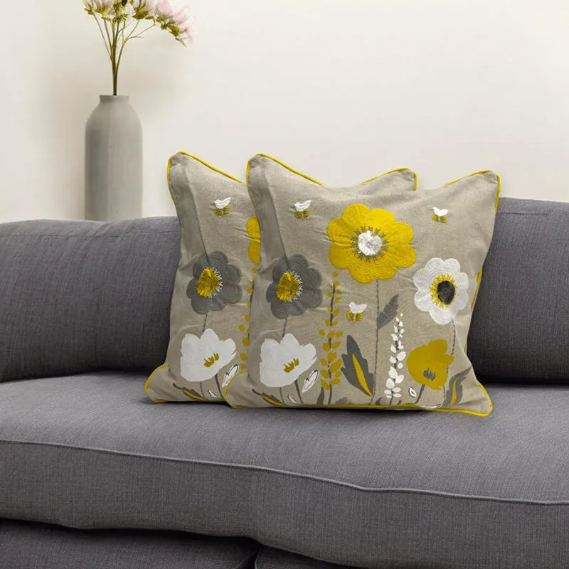 Ochre Flowers Tufted Cushion Cover (Yellow & Grey) - Set Of Two media 5