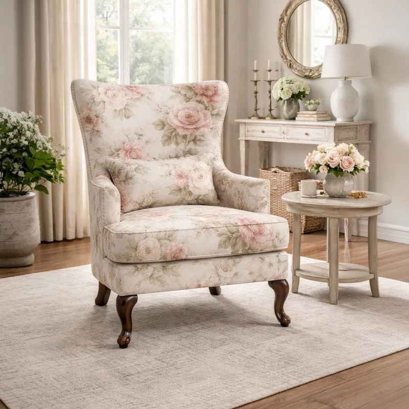 Zenlyx Teak Wood & Velvet Botanical Print Lounge Chair media 1
