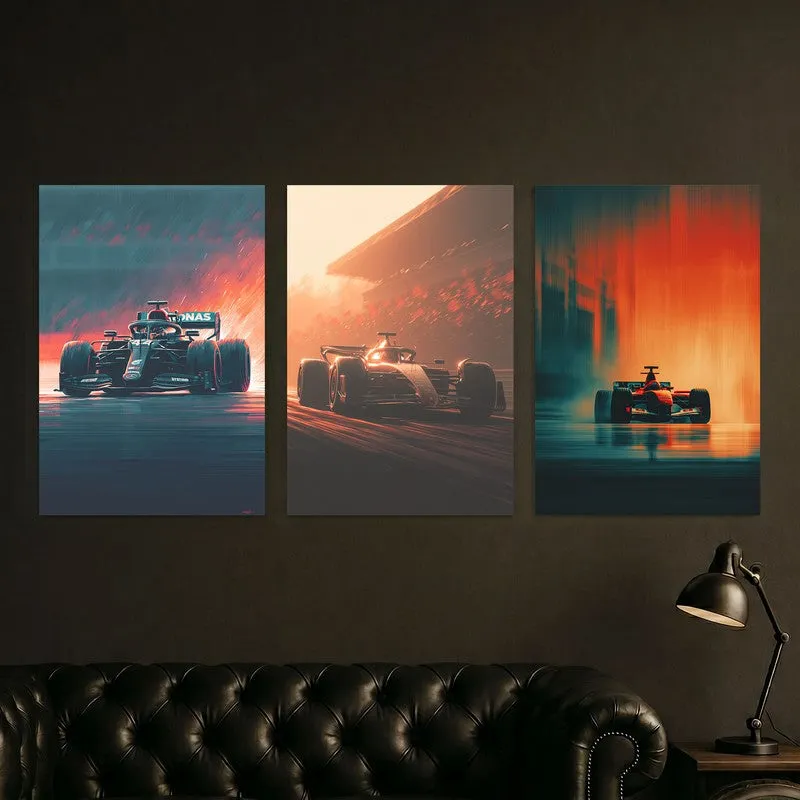 Set of three multicolour racing car posters above a dark sofa
