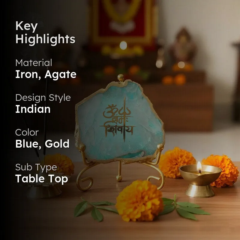 Om Namah Shivay Agate Showpiece With Stand - Blue media 2