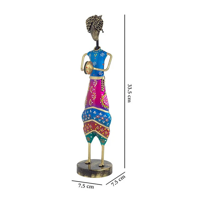 Folk Lady Dholak Player Iron Showpiece - Blue media 8