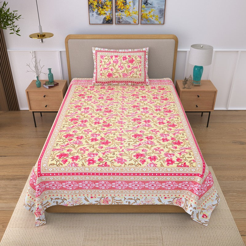 Snuglyn Floral Cotton Bedsheet (Pink & Yellow) - 240 TC