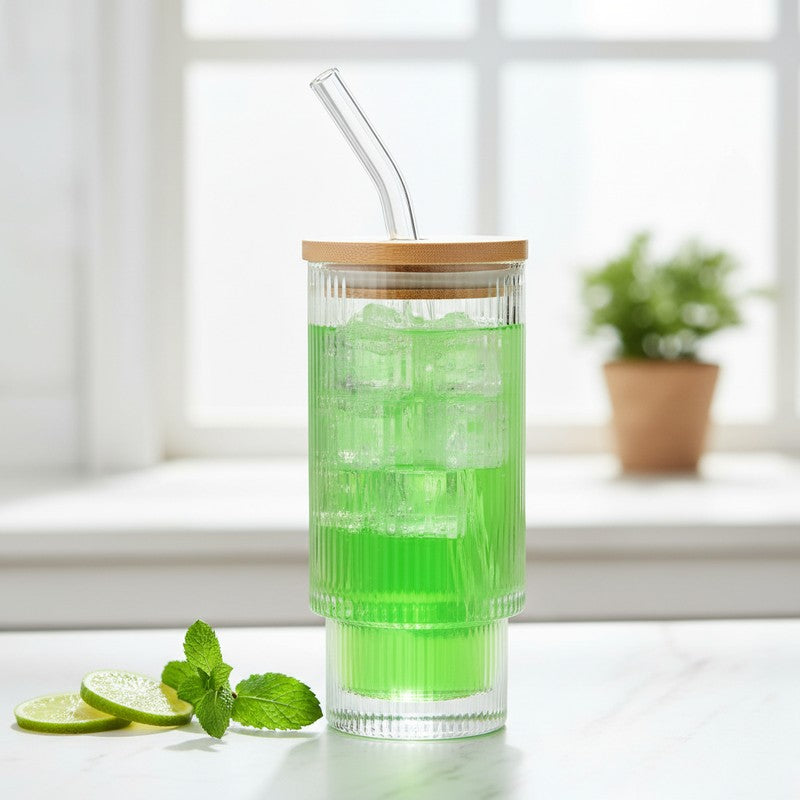 Stylish Glass Can Mug with Wooden Lid & Straw