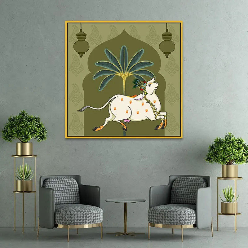 Cow In Banana Grove Canvas Wall Painting With Frame - Gold media 1