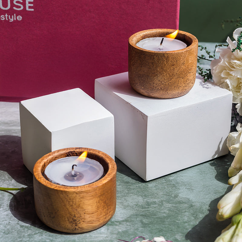 Decorative Mango Wood Candle Holder - Set Of Two
