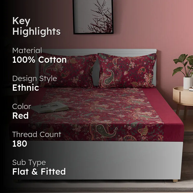 Swayam Crimson Paisley Cotton Bedsheet - 180 TC || Super Soft media 2