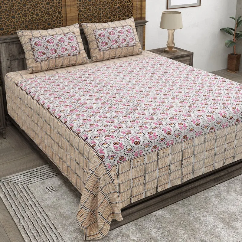 Aurao Cotton Bedsheet (Pink,Beige) - 240 TC media 1