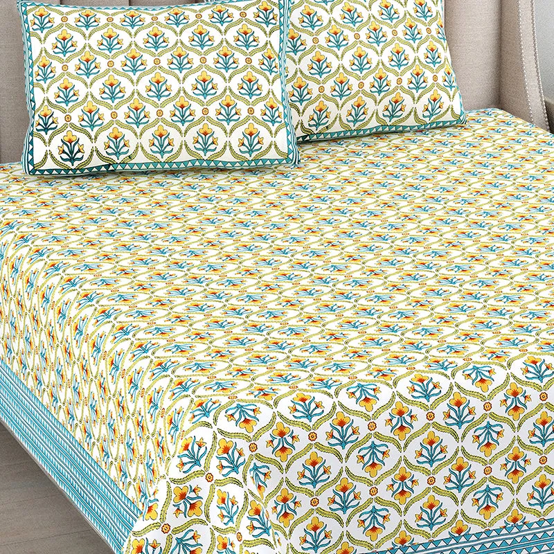 Ethnik Mirage Cotton Bedsheet (Blue, Yellow) - 144 TC media 3