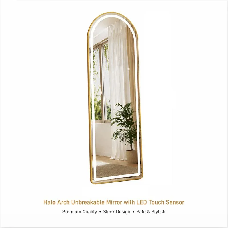 Gold arched full-length mirror with illuminated border on a white background