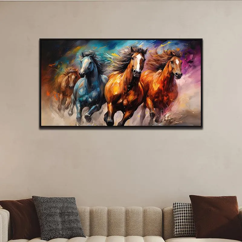 Wild Roan Stallions Canvas Wall Painting With Frame - Black media 5