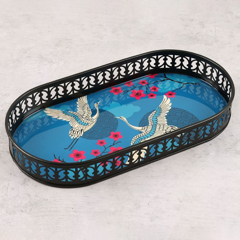 India Circus Cranebloom Blue Rectangle Galvanized Iron Serving Tray media 4