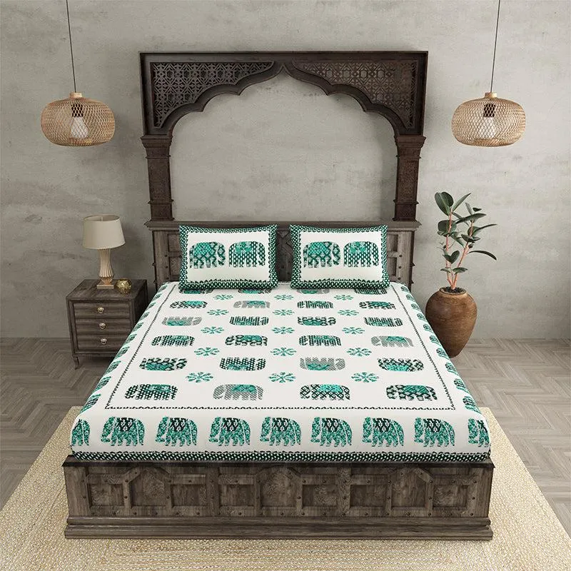 Hasthi Ethnic Cotton Bedsheet (White,Green) - 180 TC media 3