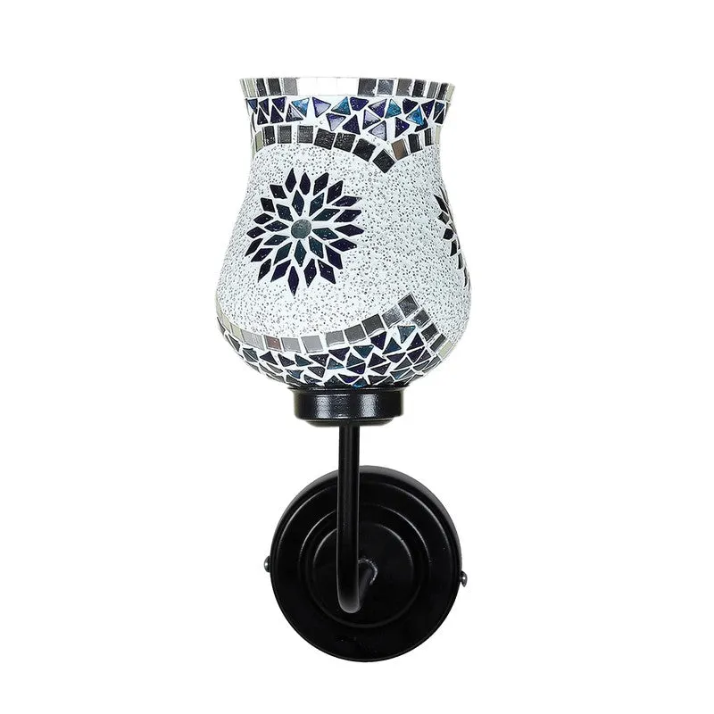 Wall lamp with bell-shaped mosaic glass shade and black iron mount