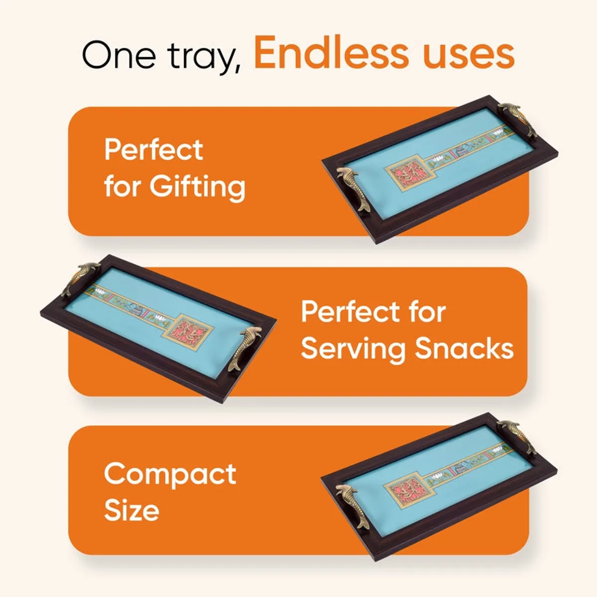 Blue serving tray shown in three angled views against a light background