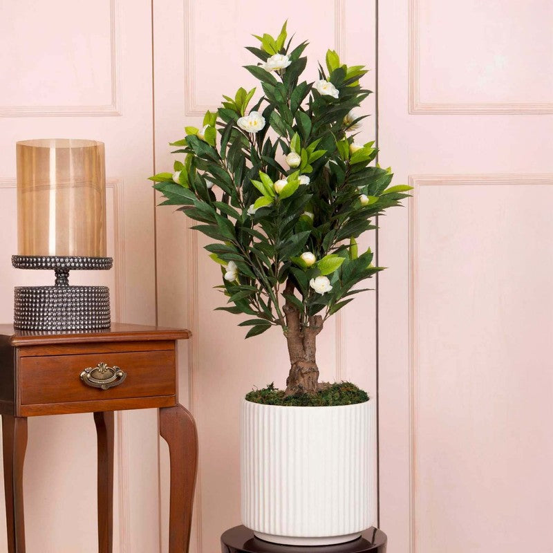 Artificial White Camelia Rose Plant With Black Fiber Pot - 2.6 Feet media 4