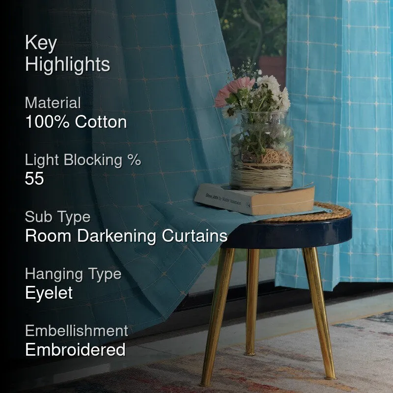 Pixel Checks Cotton Curtain - Light Blue media 2