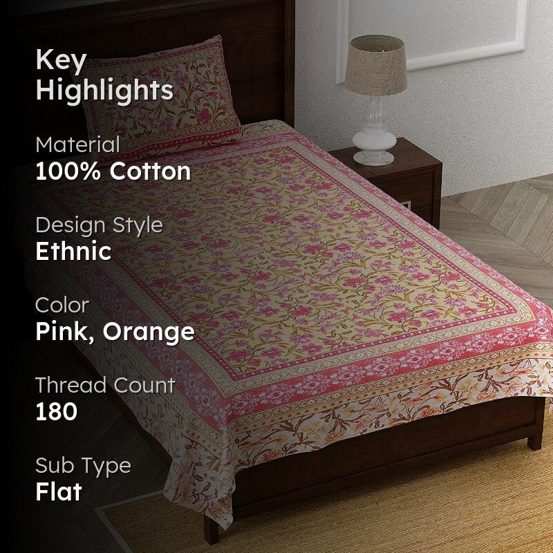 Folk Floral Fiesta Cotton Bedsheet (Orange) - 180 TC media 2